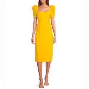 Antonio Melani Size 8 Yellow Soha Square Neck Ruched Puff Sleeve Midi Dress NEW